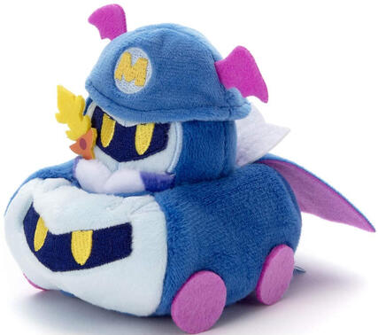An image of a plush toy of Meta Knight. He wears a hard hat, holds a small sword, and sits in a car themed after himself.
